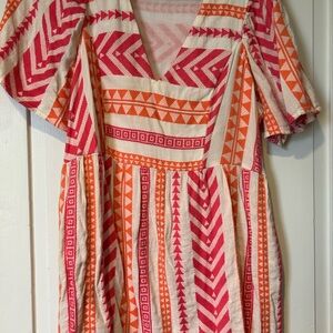 Women's Pink & Orange Patterned V-Neck Dress
